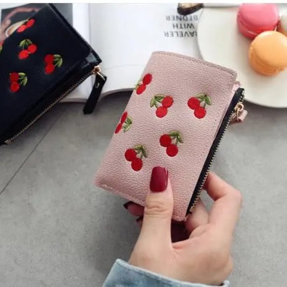 FAUX LEATHER CHERRY BI FOLD MULTI SLOT COIN WALLET PURSE - Picture 7 of 12